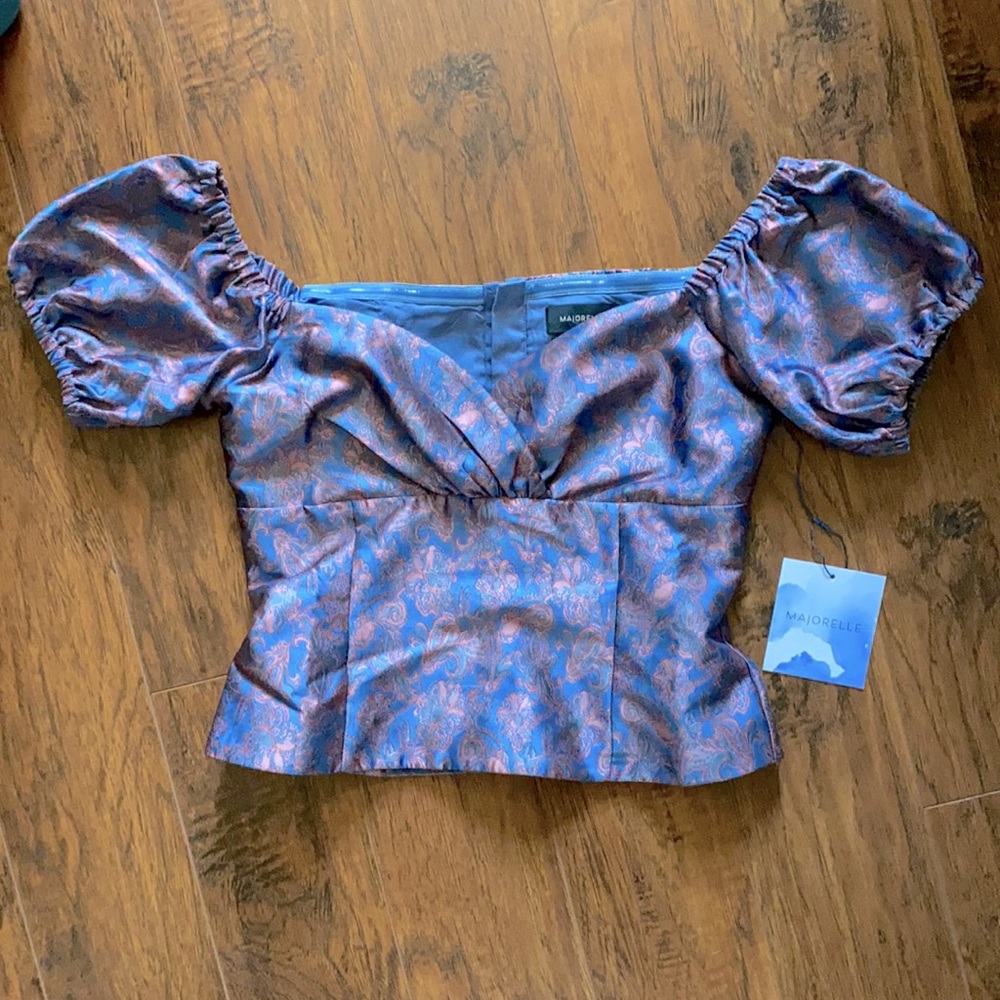 Majorelle Blue and pink short puff sleeve top